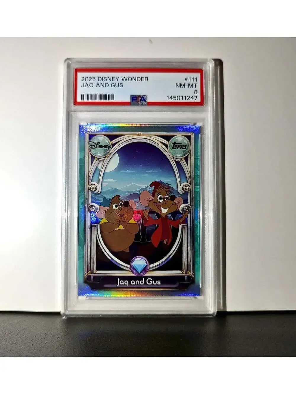Jaq and Gus 2025 Topps Disney Wonder #111 Diamond Card Cinderella PSA 8